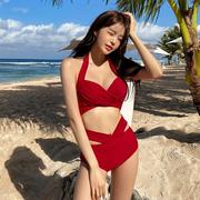 红色挂脖钢托高腰分体泳衣女韩国ins泡温泉性感度假比基尼三点式