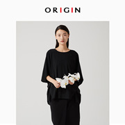 origin安瑞井夏季宽松显瘦上衣女黑色圆领，蝙蝠袖大码t恤