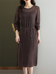 秋季镂空连衣裙女2023高级感系带休闲两件套装，羊毛针织长裙子