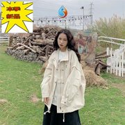 韩版纯色港风工装外套女学生秋季长袖复古宽松百搭夹克上衣厸