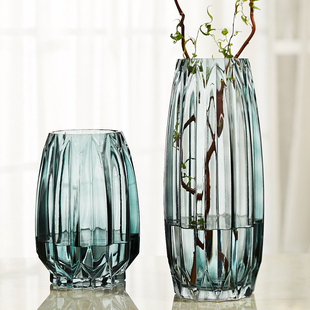 简约竖棱玻璃花瓶创意彩色，透明百合花器，客厅大号水养插花花瓶摆件