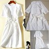 韩版白色女夏装短袖OL风蝴蝶结腰带气质时尚修身短裙连衣裙子