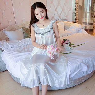 夏季无袖纯白色冰丝绸中长款睡裙，女士雪纺真丝，特大码睡衣裙5xl女