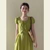 绿色圆领短袖连衣裙女夏季法式复古茶歇收腰显瘦泡泡，袖系带长裙子