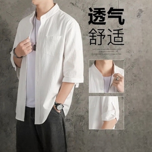 亚麻衬衫男衬衣宽松男装，中国风夏季棉麻，男士外套七分袖衣麻布薄款