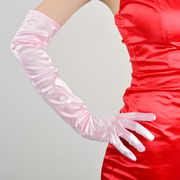 婚纱手套丝绸缎面复古新娘长款女弹性粉红，圣诞红色浅粉色舞会