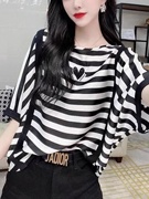 洋气蝙蝠袖条纹T恤女夏季韩版时尚休闲套头宽松显瘦短袖上衣