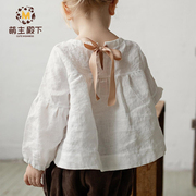 女童装亚麻上衣长袖娃娃衫，洋气时髦蝴蝶结，韩版女宝春夏季棉麻t恤