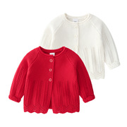 婴儿毛线外套春秋装毛衣1-3岁女宝宝开衫纯棉，针织女童红色上衣