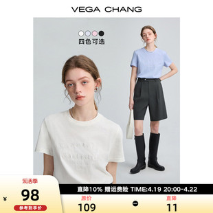 vegachang字母刺绣t恤女短袖2024春秋，圆领时尚体恤衫上衣ins