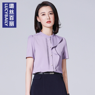 紫色立领短袖雪纺衬衫女2024夏季时尚透气高级设计感职业小衫