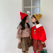 女童卫衣2022秋冬韩版加厚抓绒卡通套头红色卫衣花边领上衣