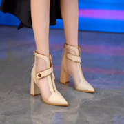 品牌鞋尖头网纱镂空小短靴，女2024春季粗跟高跟前(高跟前)拉链显瘦单靴
