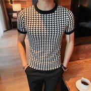 夏季韩版修身男士圆领针织短袖T恤青年潮流休闲千鸟格打底衫