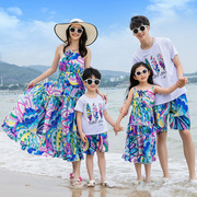 海边度假亲子装一家三口沙滩裙母女装，三亚端洋气连衣裙一家四口