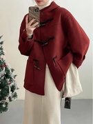 韩系美拉德橘黄色人字纹，牛角扣连帽，双面羊绒女中长款羊毛大衣