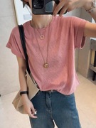 韩系棉麻糖果色短袖T恤女夏季2024宽松显瘦百搭飞机袖上衣潮