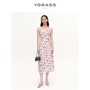 VGRASS时髦紫色印花收腰吊带连衣裙24年春季几何花卉设计感