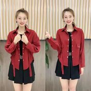 韩系大码女装秋季酒红色长袖上衣女时尚百搭外套宽松显瘦衬衫