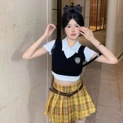 美式学院风套装短袖衬衫女装，夏季辣妹jk格子百褶短裙半身裙两件套