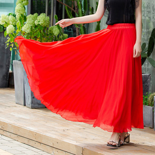 三层雪纺大摆半身长裙，超仙气拖地沙滩裙，新疆舞裙大红色半身裙
