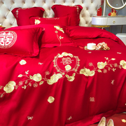 结婚床上四件套全棉刺绣大红色床单，被罩新婚庆(新婚庆)陪嫁喜被套纯棉床品
