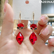 红色耳环女长款气质水晶，小狐狸时尚个性耳坠，耳钩网红耳饰品潮