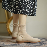大码靴子女冬41-43平底短靴黑色，马丁靴铆钉，磨砂后系带弹力瘦瘦靴
