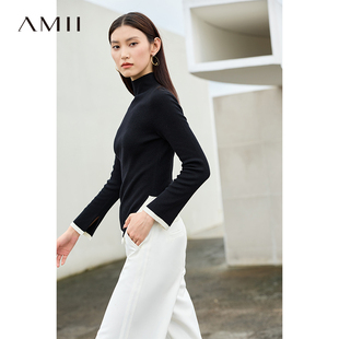 amii2024秋半高领撞色不规则，下摆修身毛衣女(毛衣女)上衣