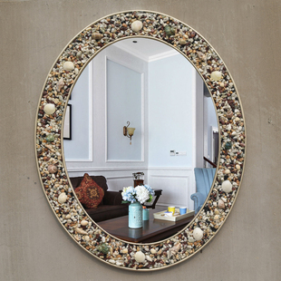 欧式卫浴镜贝壳地中海彩石椭圆形浴室镜梳妆台卫生间化妆镜子