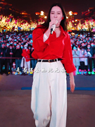唐艺同款红色长袖衬衫女2023年宽松纯色衬衣上衣百搭气质套装