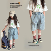 韩版儿童软牛仔中裤，2024夏装休闲洋气，5分裤女童时尚百搭裤子