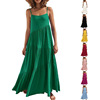 24亚马逊跨境夏季欧女装宽松纯色，褶皱不规则，连衣裙沙滩吊带长裙38