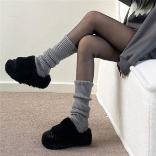 灰色针织袜套踩脚款奶油般温柔风毛线堆堆袜护腿保暖腿套黑白