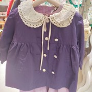 女童装紫色大翻领风衣女孩，韩版外套春秋款时尚，小童百搭系带双排扣