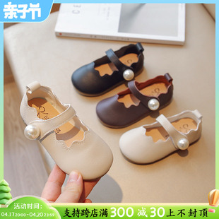 女童鞋子夏季2024洋气儿童，韩版时尚黑色，小皮鞋软底宝宝豆豆鞋