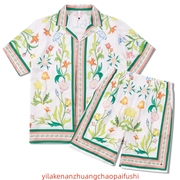 夏季套装潮牌绿色植物花朵印花休闲运动衬衫套装男女同款