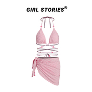 girlstories拍照泳衣小胸裹纱三件套比基尼微胖女孩，纯欲风遮肚