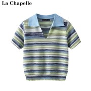 拉夏贝尔/La Chapelle夏季条纹撞色V领针织短袖设计感百搭T恤上衣