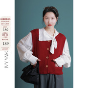 ivyyang港风复古红色羊毛针织，马甲女早春圆领羊绒短款毛衣马夹