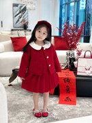 童装女童小香风套装冬季韩系时髦外套百褶背心裙红色两件套