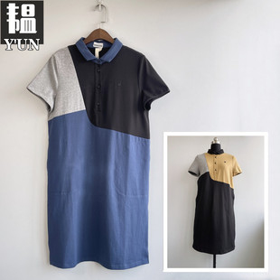 yun韫2023夏季女装polo领拼色短袖，连衣裙直筒偏a字宽松腰长裙