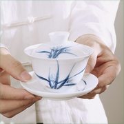 手绘三才盖碗大号高档羊脂玉白瓷，单个青花瓷泡，茶碗杯功夫中式茶具