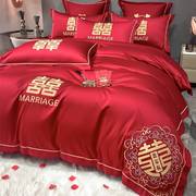 大红色磨毛刺绣结婚床上四件套网红风婚庆床品床单婚礼喜被套床笠