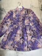 同款蝴蝶结灯笼印花袖性感，连衣裙紫色女潮服年夏季短裙通勤风亚麻