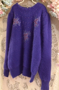 2023蓝紫色手工刺绣花朵款，套头原单外贸，单品安哥拉长袖兔毛