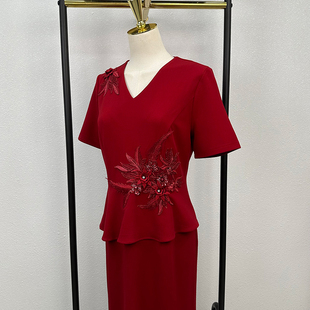 喜婆婆婚宴礼服年轻款红色高贵气质妈妈喜服夏季假两件套裙显瘦