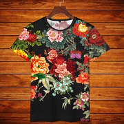 中国风潮牌印花短袖T恤民族风大码体恤男女情侣装植物花牡丹玫瑰