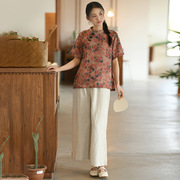 棉麻女装夏季复古上衣女，新中式苎麻印花复古短袖t恤