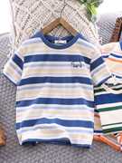 男童纯棉短袖t恤2023夏季儿童海军风圆领条纹体恤，中大童半袖t上衣